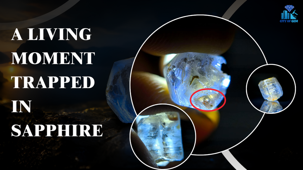 Ceylon Blue Sapphire Crystal with Eye-Visible Moving Gas Bubble Inclusion