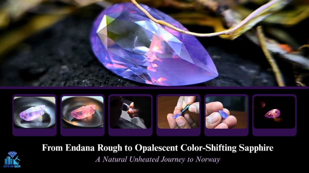 Natural unheated sapphire from Endana, Sri Lanka, transformed from 10.68 ct rough into a 4.00 ct pear-shaped opalescent sapphire with lavender-blue to pink color shift.