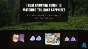 Natural unheated Ceylon sapphire rough from Rakwana transformed into peachy-pink and purple trilliant-cut sapphires